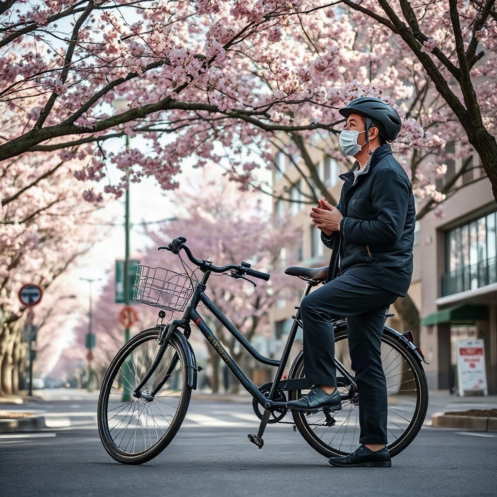 Spring street healing drama cover with bicycle and cherry blossoms